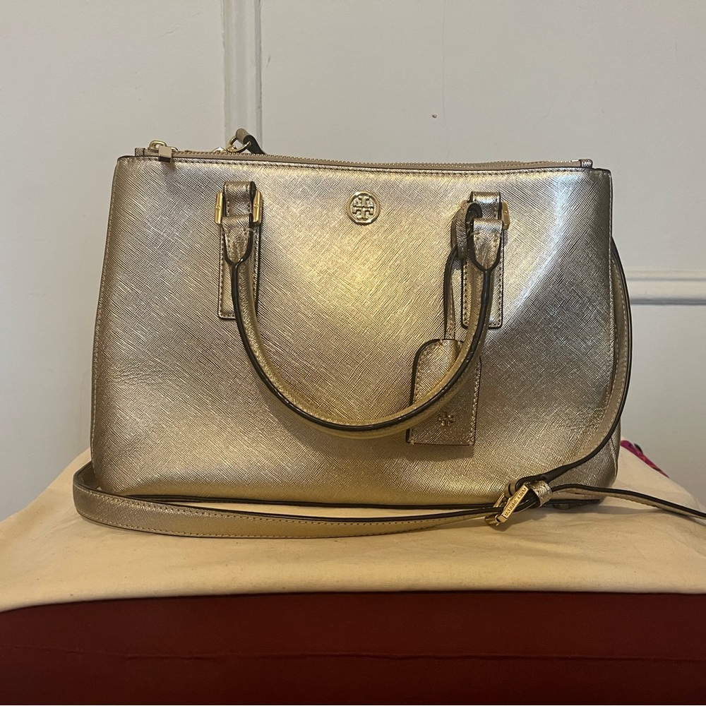 Tory Burch ROBINSON METALLIC DOUBLE ZIP TOTE